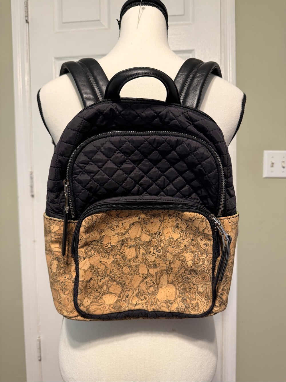 Queork Quilted Black Backpack with Tan Marbled Front Pocket